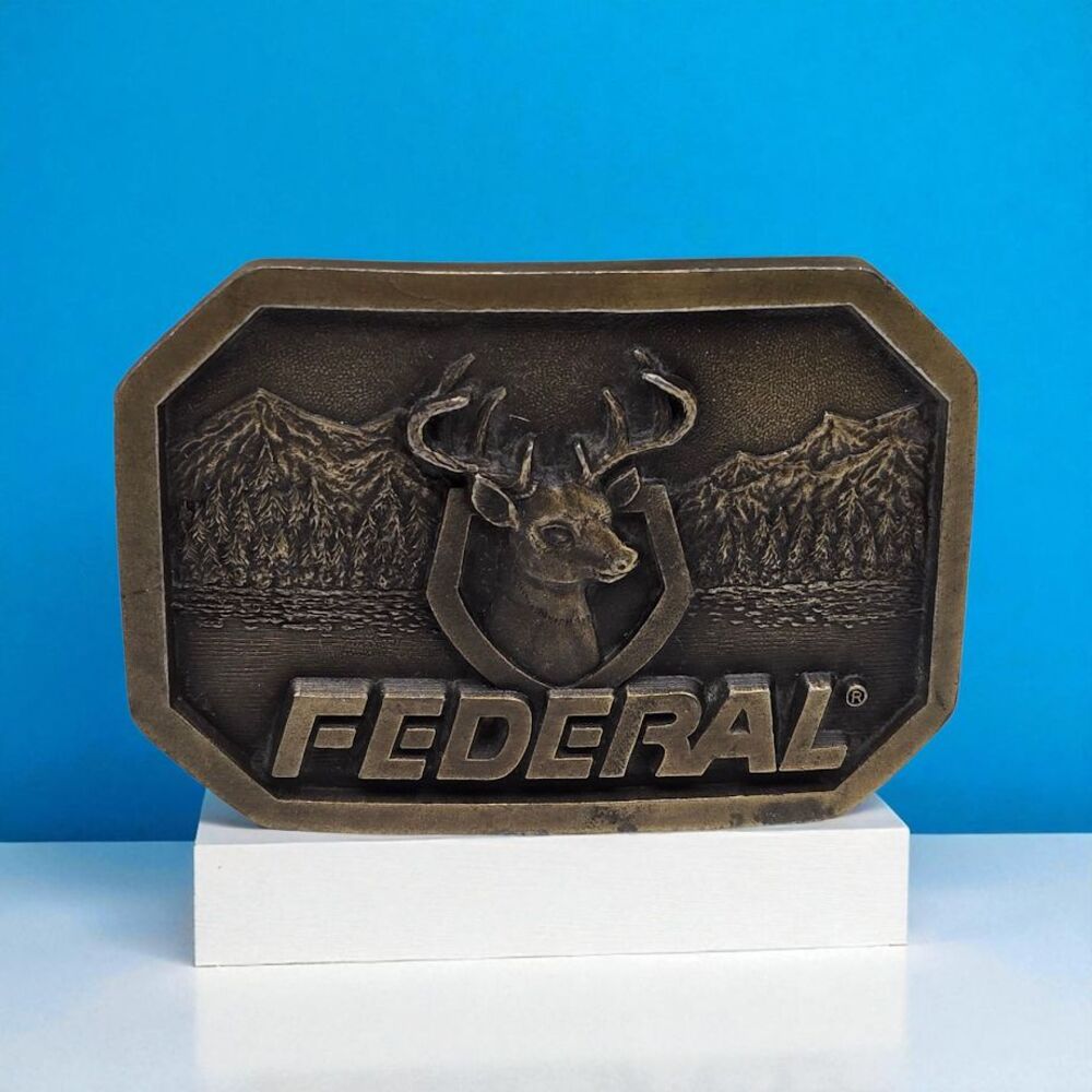 Vintage Federal Ammunition 1970-80s Brass Belt Buckle Deer Buck Cast Hunter Gift